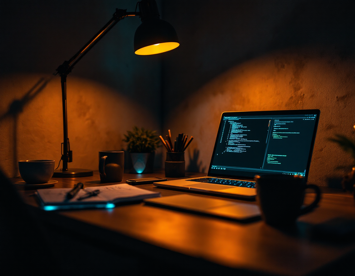 A quiet one-person security workspace lit by a single warm lamp